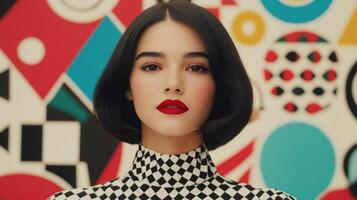 Stylish model with bold makeup poses confidently against vibrant geometric backdrop photo