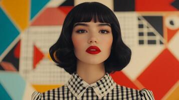 Stylish model with bold makeup poses confidently against vibrant geometric backdrop photo