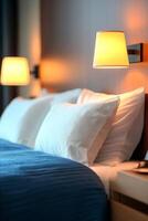 Cozy bedroom with soft pillows and warm lighting in a modern urban hotel setting photo