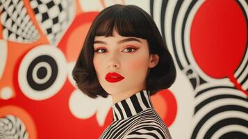 Stylish model with bold makeup poses confidently against vibrant geometric backdrop photo