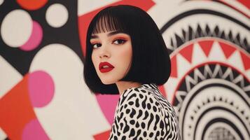 Stylish model with bold makeup poses confidently against vibrant geometric backdrop photo