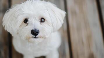 Adorable white dog sits on wooden floor, gazing curiously at the camera in bright indoor light photo