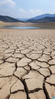 Dried cracked earth near a serene lake bordered by mountains on a cloudy day photo