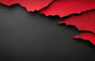 Striking contrast of torn red paper layered over a textured black background in artistic arrangement photo