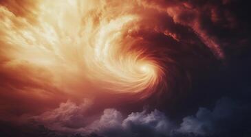 Vivid swirling clouds create a dramatic sky during sunset over a calm landscape photo