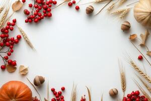 Autumn harvest display with colorful berries, nuts, and grains arranged on a neutral background photo