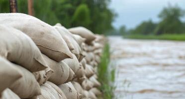 Sandbags line the riverbank to prevent flooding during heavy rainfall in early spring photo