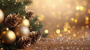 Golden Christmas ornaments glistening with festive lights and sparkling decorations photo