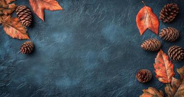 Autumn leaves and pine cones arranged on a textured blue background in fall decorations photo