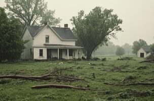 Damage from a storm in a suburban neighborhood with fallen branches and a parked car photo