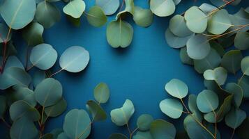 Elegant eucalyptus branches create a serene frame against a soft blue background photo