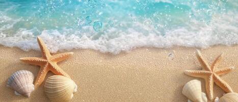 Seashells and a starfish on sandy beach with gentle waves and bubbles under the sun photo