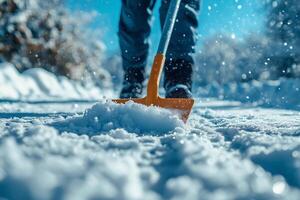 Shoveling snow in vibrant winter day under clear blue sky. Natural disasters and snowfalls. photo