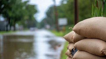 Sacks of goods stacked neatly along a wet street during overcast weather photo