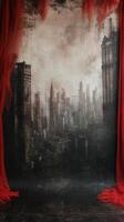 A mysterious backdrop with red curtains framing a foggy, urban landscape in dim lighting photo