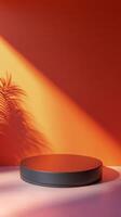 Minimalist display platform with orange geometric shapes and gradient background in modern art style photo
