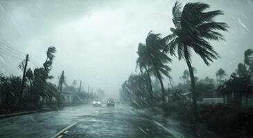 Stormy weather brings heavy rain and strong winds along a coastal road lined with palm trees photo