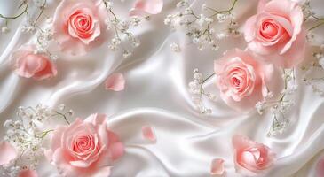 Soft pink roses arranged elegantly on silk fabric with delicate baby's breath scattered around photo