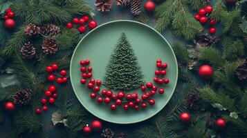 Festive holiday decoration with a small tree, red ornaments, and green plate on a textured surface photo