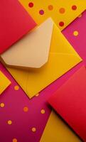 Colorful envelope with yellow card and confetti on vibrant red and yellow background photo