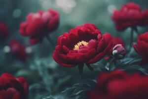 Blooming peonies in vibrant shades of pink during a sunny spring afternoon photo