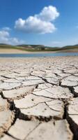 Dried cracked earth near a serene lake bordered by mountains on a cloudy day photo