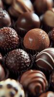 An assortment of gourmet chocolates in various textures and designs displayed beautifully photo