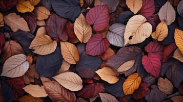 Colorful autumn leaves scattered on the forest floor during a bright fall day photo