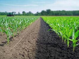 Green corn plants thriving beside dry soil in a contrasting agricultural field during daylight photo