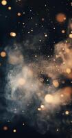 Sparkling golden particles drifting through a dark, swirling mist in a captivating cosmic backdrop photo