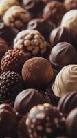 An assortment of gourmet chocolates in various textures and designs displayed beautifully photo