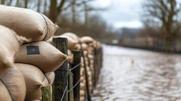 Sacks of goods stacked neatly along a wet street during overcast weather photo