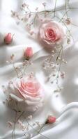 Soft pink roses and delicate babys breath on a smooth white fabric background in natural light photo