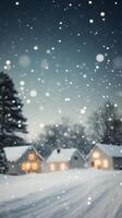 Snowfall over cozy winter homes at dusk with soft lights illuminating the scenery photo