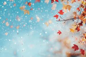 Colorful autumn leaves gently falling against a bright blue sky in a tranquil outdoor setting photo