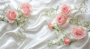 Soft pink roses arranged elegantly on silk fabric with delicate baby's breath scattered around photo