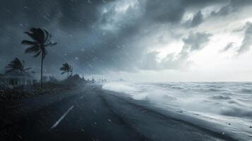 Dark storm clouds loom over turbulent ocean waves as strong winds bend palm trees at dusk photo