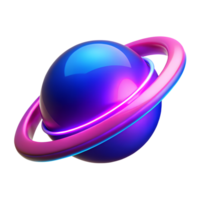 Neon glowing space planet with ring 3d icon isolated on the transparent background png