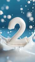 Dynamic water splash creating the number two against a vibrant blue background photo
