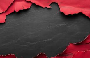 Striking contrast of torn red paper layered over a textured black background in artistic arrangement photo
