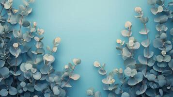 Elegant eucalyptus branches create a serene frame against a soft blue background photo