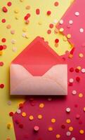 Colorful envelope with yellow card and confetti on vibrant red and yellow background photo