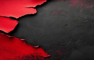 Striking contrast of torn red paper layered over a textured black background in artistic arrangement photo