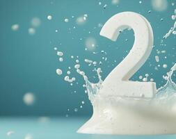 Splash of milk with the number two against a bright blue background photo