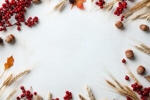 Autumn harvest display with colorful berries, nuts, and grains arranged on a neutral background photo