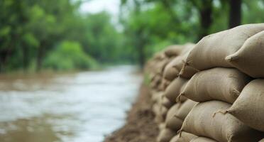 Sandbags line the riverbank to prevent flooding during heavy rainfall in early spring photo