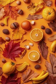 Vibrant fall flat lay featuring oranges, bananas, and colorful autumn leaves on a bright backdrop photo