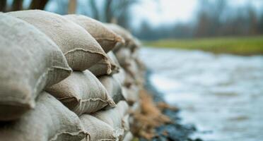 Sandbags line the riverbank to prevent flooding during heavy rainfall in early spring photo