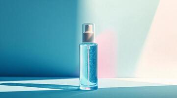 Artistic showcase of a blue glass perfume bottle illuminated by soft pastel lighting photo