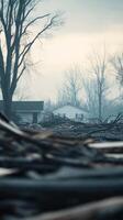 A sunlit rural landscape featuring a weathered house with exposed earth and scattered debris photo